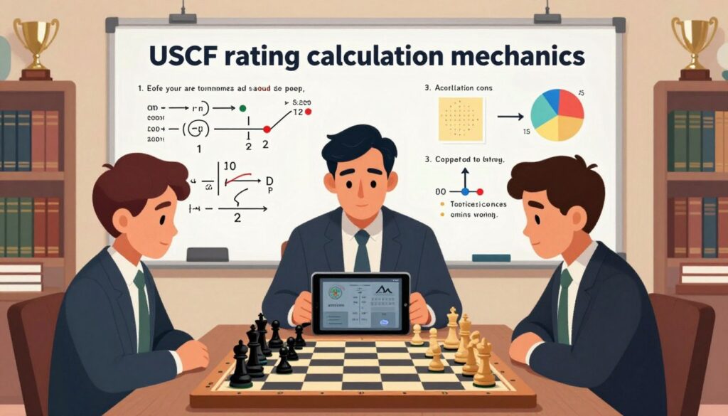 A visually engaging illustration of "USCF rating calculation mechanics," centered around a professional chess setting. In the foreground, a chessboard with pieces in mid-game, highlighting strategic positions. The middle layer features an analytical chess coach reviewing a player's performance on a digital tablet, wearing professional attire, intensely focused. Behind them, a large whiteboard filled with colorful diagrams, equations, and charts related to rating calculations, emphasizing the complexity of the system. Soft, warm lighting illuminates the scene, creating an inviting, educational atmosphere. The background includes shelves filled with chess books and trophies, signifying a hub of knowledge and excellence. "Chess Classes USA" logo subtly incorporated into the scene, reflecting a commitment to chess education.