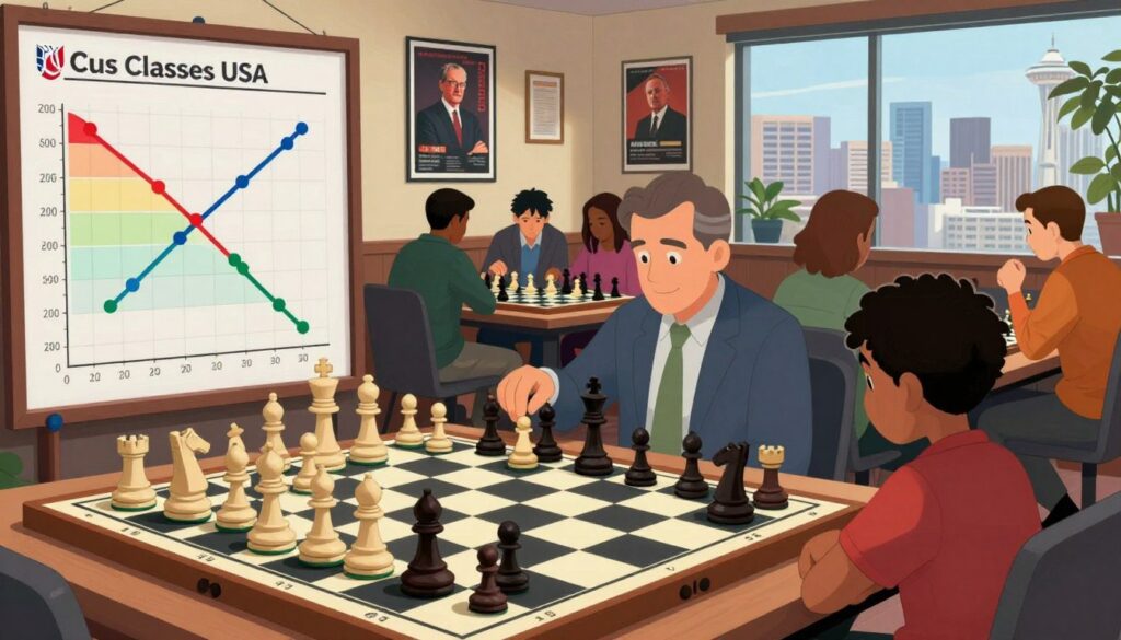 A visually engaging illustration of a chess rating concept, featuring a chessboard in the foreground with various chess pieces in mid-game. To the left, a graph or chart displaying US Chess Federation rating scales, with colorful lines and points to represent different player levels. The middle ground includes focused individuals, a diverse group of adults and children, dressed in professional and modest casual clothing, intently studying the chessboard and rating chart. In the background, a cozy, well-lit Seattle chess club setting with posters of famous chess players and a large window showcasing the Seattle skyline. The atmosphere is vibrant and intellectually stimulating, with warm lighting highlighting the chess pieces and players, evoking a sense of community and competition, branded with "Chess Classes USA".