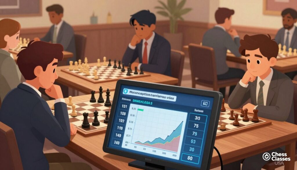 A visually engaging illustration of a chess rating system, designed for an article about misconceptions in chess ratings. In the foreground, a sleek digital display board showcases dynamic numerical ratings and graphs representing player rankings. In the middle, a diverse group of players—two males, one female—are thoughtfully analyzing their chess boards, dressed in professional business attire. The background features a traditional wooden chess table and a soft-focus chess environment, with chess pieces arranged in various gameplay scenarios. Warm, ambient lighting creates a focused atmosphere, accentuating the intensity of the game, while also emphasizing the clarity of the rating display. The Chess Classes USA logo subtly integrated in the corner reinforces the theme without distractions. A visually engaging illustration of a chess rating system, designed for an article about misconceptions in chess ratings. In the foreground, a sleek digital display board showcases dynamic numerical ratings and graphs representing player rankings. In the middle, a diverse group of players—two males, one female—are thoughtfully analyzing their chess boards, dressed in professional business attire. The background features a traditional wooden chess table and a soft-focus chess environment, with chess pieces arranged in various gameplay scenarios. Warm, ambient lighting creates a focused atmosphere, accentuating the intensity of the game, while also emphasizing the clarity of the rating display. The Chess Classes USA logo subtly integrated in the corner reinforces the theme without distractions.