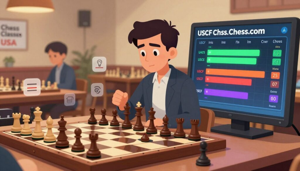 A visually engaging illustration of chess rating systems, showcasing a split scene. In the foreground, a polished chessboard with pieces strategically arranged reflects the tension of a game. To the right, an intricate digital display shows the contrasting rating scales for USCF and Chess.com, with vivid colors and graphical elements. The middle ground features a professional player, dressed in a smart casual outfit, analyzing the board, embodying concentration. The background captures a soft-focus chess hall ambiance with warm lighting, radiating an inviting and intellectual atmosphere. Subtle icons representing statistics and data points hover in the air around the board, adding depth. The branding "Chess Classes USA" is subtly integrated into the scene, maintaining a cohesive theme of professional chess learning and analysis.