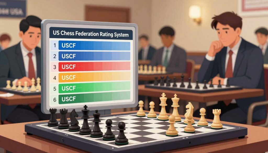A visually engaging illustration of the US Chess Federation rating system, designed to inform and educate. In the foreground, display a sleek and modern chessboard with pieces set in strategic positions, symbolizing different rating levels. The middle layer features a visually appealing infographic chart showing the range of USCF ratings, distinct sections color-coded for clarity, with notable milestones highlighted. In the background, a subtle image of a chess tournament atmosphere, featuring participants in professional business attire concentrating on their games. Soft, warm lighting creates a welcoming ambiance, while a soft focus on the background keeps attention on the foreground elements. The scene conveys a mood of excitement and anticipation, ideal for budding chess players. Include the brand name "Chess Classes USA" subtly integrated into the composition.