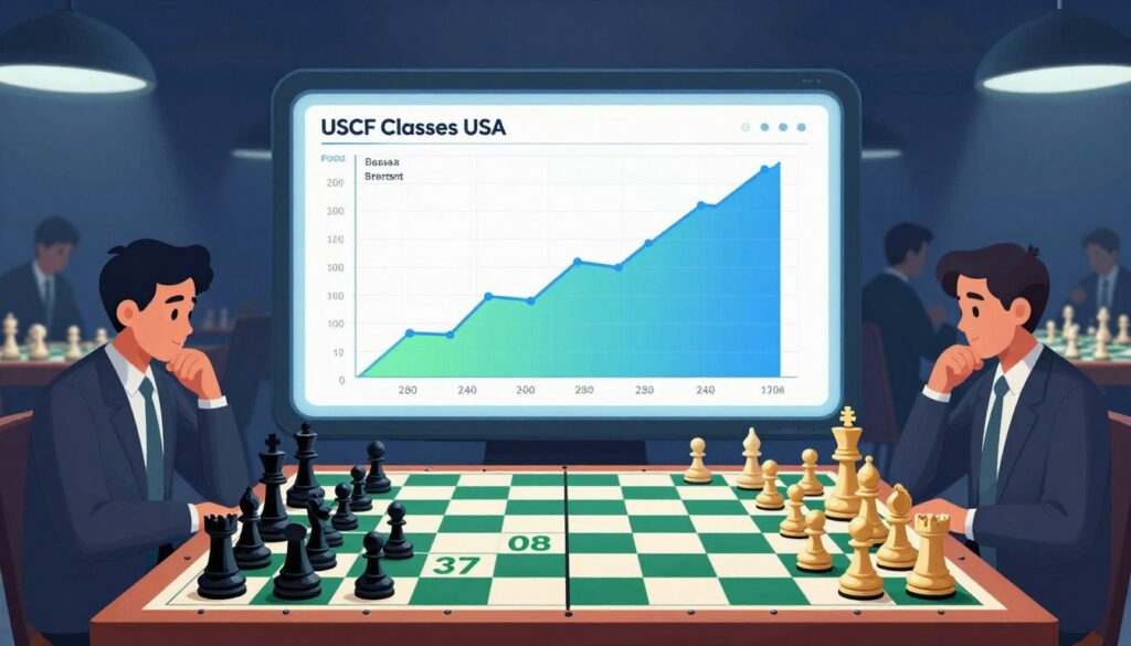 A visually engaging illustration of the USCF chess rating system, showcasing a sleek digital interface with a vibrant chessboard layout in the foreground, featuring chess pieces displaying various ratings. In the middle ground, a dynamic graph or chart depicting rating progression, colored in blues and greens to convey growth. The background features an abstract representation of a chess playing arena with subtle silhouettes of players in professional attire, engaged in thoughtful play. The lighting is bright and focused, suggesting clarity and inspiration. Opt for a professional, clean aesthetic to embody the seriousness of chess. The image should feature the brand name "Chess Classes USA" prominently, but without text overlays or captions, ensuring a polished and informative visual.