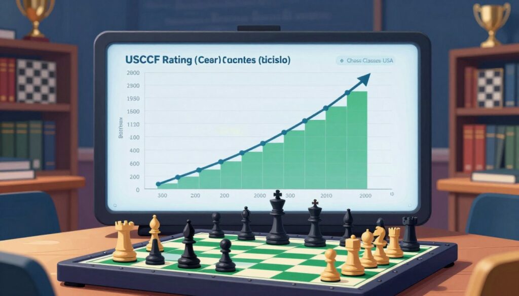 A visually engaging illustration of the USCF rating system designed for an educational context. In the foreground, a digital chessboard displays pieces in mid-game, highlighting strategic positioning. The middle layer features a transparent overlay showing a graph with ascending USCF ratings, illustrating the progression from beginner to advanced players. The background is a classroom setting, with shelves filled with chess books and trophies. Soft, warm lighting creates an inviting atmosphere, accented by a slight lens blur to emphasize the chessboard. The color palette is rich in deep blues and greens, evoking a sense of focus and learning. Integrate the brand name "Chess Classes USA" subtly within the environment, ensuring a professional presentation.