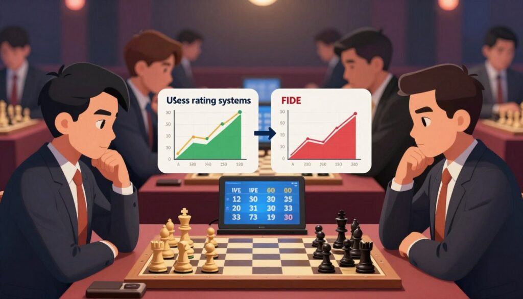 A visually engaging illustration representing the "Chess rating systems," comparing USCF and FIDE ratings. In the foreground, a chessboard with strategically placed pieces symbolizes the players, alongside a digital scoreboard displaying fluctuating numbers reflecting ratings. In the middle, an abstract visual of two charts or graphs, one indicating USCF ratings and the other FIDE ratings, showcases their differences. The background features a blurred setting of a competitive chess tournament, highlighting players in professional business attire, deep in thought. Soft, focused lighting emphasizes the chessboard, while a slight bokeh effect surrounds the tournament area, creating an intense yet scholarly atmosphere. Incorporate elements that evoke the rigorous analysis involved in understanding these systems, alongside the brand name "Chess Classes USA" subtly integrated into the composition.