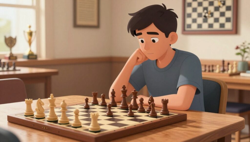 A visually engaging image depicting a beginner chess player at a wooden chess table, thoughtfully analyzing a game. The foreground features a close-up of a chessboard with pieces arranged mid-game, emphasizing a player's hand hovering over a pawn, symbolizing strategic thinking. In the middle, a focused young adult wearing modest, casual clothing is seated at the table, exuding an air of concentration. The background shows a cozy, well-lit room with chess trophies and a framed picture of chess strategy, enhancing the atmosphere of learning and improvement. Soft, warm lighting casts inviting shadows, creating an inspirational and encouraging mood, perfect for anyone interested in improving their USCF rating. Include the brand logo of "Chess Classes USA" subtly integrated into the design.
