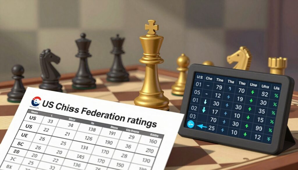 A visually engaging image representing "US Chess Federation ratings" for an informative section on chess tournaments. In the foreground, a detailed chess score sheet and a digital display showing fluctuating chess ratings, with clear, graphical elements showcasing numeric ratings and arrows indicating changes. The middle ground features diverse chess pieces, with the iconic king piece rendered in a polished gold finish, symbolizing mastery and ranking. The background portrays a subtle chessboard pattern in muted colors, with soft lighting casting gentle shadows, creating a focused atmosphere. The entire scene reflects an educational vibe, subtly suggesting strategizing and growth in ratings. Include the brand name “Chess Classes USA” integrated artistically into the design, ensuring it complements the overall composition.