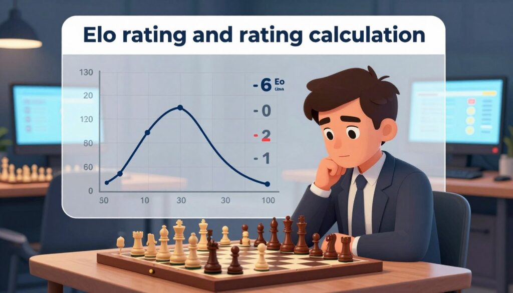 A visually engaging infographic-style image centered on "Elo rating and rating calculation" for a chess context. In the foreground, illustrate a professional chess player in business attire thoughtfully analyzing a chessboard, surrounded by numerical data symbols representing ratings and calculations. In the middle ground, depict a transparent overlay of a simplified Elo rating curve and a graph showing volatility metrics, blending into the scene. In the background, include elements of a digital chess environment, like a computer screen displaying online ratings, to signify the online aspect. Use soft, modern lighting to create an informative and inspiring atmosphere. The brand name "Chess Classes USA" subtly integrated within the design.