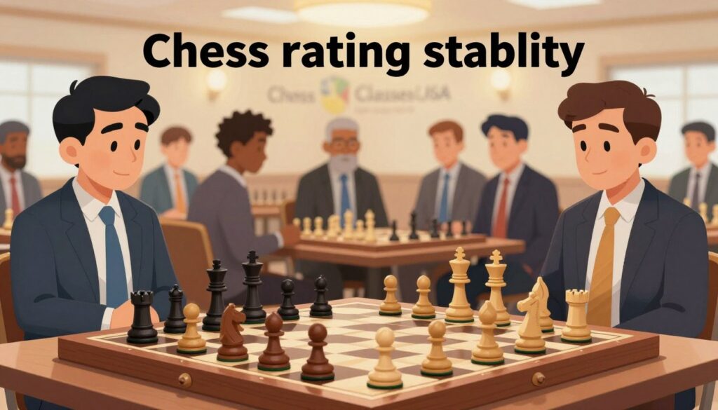A visually engaging representation of "Chess rating stability" featuring a serene chessboard in the foreground, with finely crafted pieces arranged in a steady position, symbolizing balance and steadiness. In the middle ground, a group of diverse individuals in professional attire, deep in conversation about chess strategies, representing a community of players. The background illustrates a soft-focus chess tournament setting in a well-lit room, emphasizing a sense of focus and tranquility. The lighting should be warm and inviting, creating a calm atmosphere. The scene subtly incorporates the brand name "Chess Classes USA" in an elegant way within the design, ensuring it harmonizes with the overall composition.