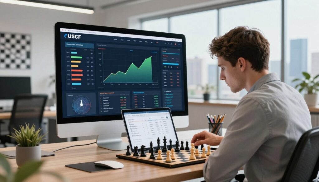 A visually engaging representation of USCF online ratings and chess platforms. In the foreground, a professional chess player analyzing a chessboard, wearing business casual attire, is focused on a laptop displaying online chess ratings and statistics. In the middle, a digital interface illustrating various chess platforms, with vibrant rating graphs and chess pieces, captures the intensity of online chess competitions. The background features a sleek modern office space adorned with chess-related decor and a large window revealing a city skyline. The lighting is bright and professional, creating a sense of clarity and concentration. The atmosphere is competitive yet intellectual, emphasizing the significance of online chess ratings. Include subtle branding elements of "Chess Classes USA" in the design, blending seamlessly with the overall theme.