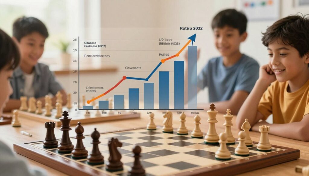 A visually engaging representation of a chess rating system, focusing on elements from the US Chess Federation. In the foreground, a stylized chessboard showcases pieces in competition, symbolizing the rating process. The middle ground features a rising graph with colored lines representing different rating milestones, alongside abstract representations of chess metrics, like performance ratings and charts. In the background, soft-focus images of children playing chess enthusiastically, dressed in casual attire, reflecting the joy of learning. The lighting is warm and inviting, creating an optimistic atmosphere with a soft focus. Capture the essence of structured growth and the journey of becoming a skilled player, prominently incorporating the brand name "Chess Classes USA" into the design.