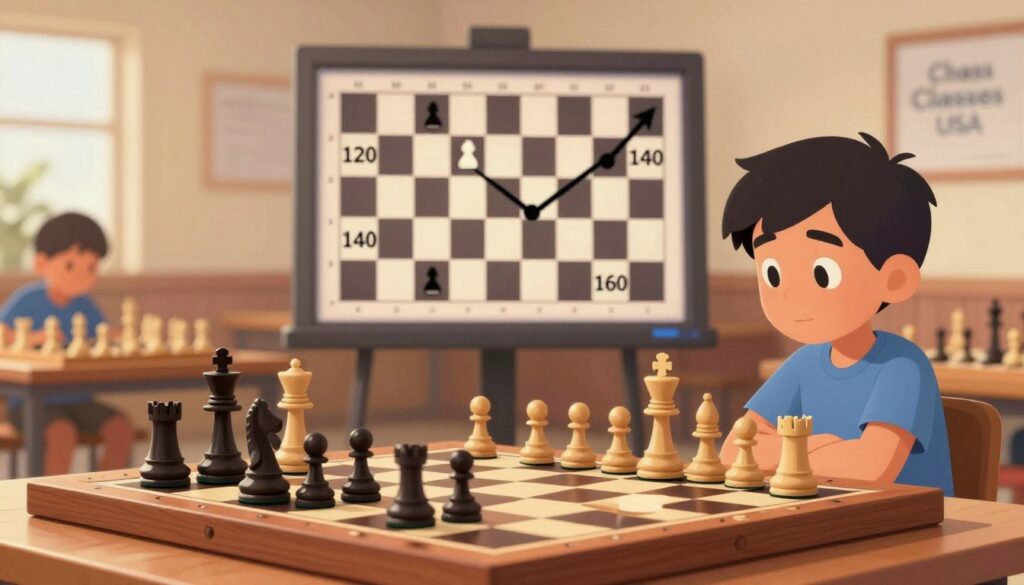 A visually engaging representation of chess rating milestones, focusing on the journey of a developing chess player. In the foreground, a wooden chess board with various pieces positioned to illustrate different stages of a game, each piece symbolizing key rating milestones like 1200, 1400, and 1600. In the middle, a scoreboard displays these milestones creatively, incorporating chess-themed graphics. The background features a soft, blurred image of a serene chess club environment, with warm lighting casting gentle shadows, evoking a sense of community and growth. The overall atmosphere is inspirational and encouraging, inviting beginners to aspire to reach their next chess rating milestone. Include a subtle brand logo for "Chess Classes USA" in the corner, ensuring it blends harmoniously with the overall design.