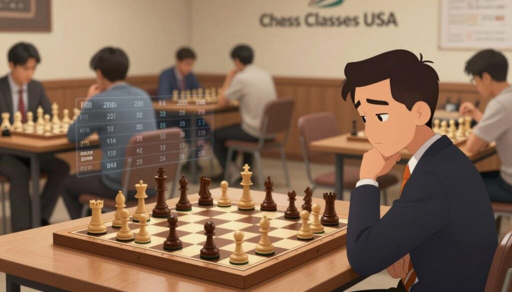 A visually engaging representation of the FIDE rating system, centered around a chessboard with chess pieces thoughtfully arranged to indicate strategic positioning. In the foreground, a chess player in professional business attire examines the board, embodying concentration and analytical thinking. The middle ground features a subtle overlay of numerical data and statistics related to FIDE ratings, elegantly integrated into the scene to enhance understanding without distraction. The background showcases a blurred chess club environment with players engaged in matches, evoking a sense of community and competition in the world of chess. Soft, warm lighting illuminates the scene, creating a cozy yet intellectually stimulating atmosphere, capturing the essence of strategic thinking in chess. Include the brand name "Chess Classes USA" discreetly as part of the environment, ensuring a cohesive look without distracting from the main focus of the image.