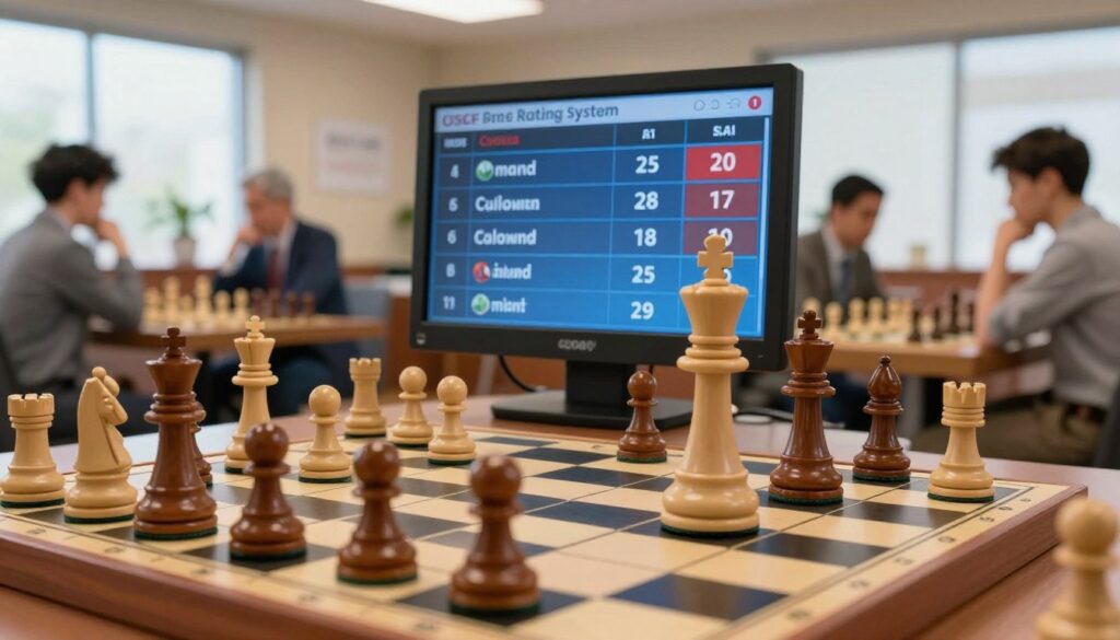 A visually engaging representation of the USCF Chess Rating System, showcasing a vibrant chessboard in the foreground with polished wooden pieces, particularly a gleaming king and queen poised for a match. In the middle ground, illustrate a digital scoreboard displaying fluctuating ratings, with clear numerical indicators to reflect player performance. The background features a modern chess club with subtle hints of players engaged in thought, dressed in professional attire, immersed in strategy. Soft, ambient lighting filters through large windows, creating a warm atmosphere suitable for focused gameplay, while a shallow depth of field blurs the background slightly, directing attention to the chessboard and scoreboard. Include the branding "Chess Classes USA" subtly integrated into the scene, maintaining a clean, professional aesthetic.