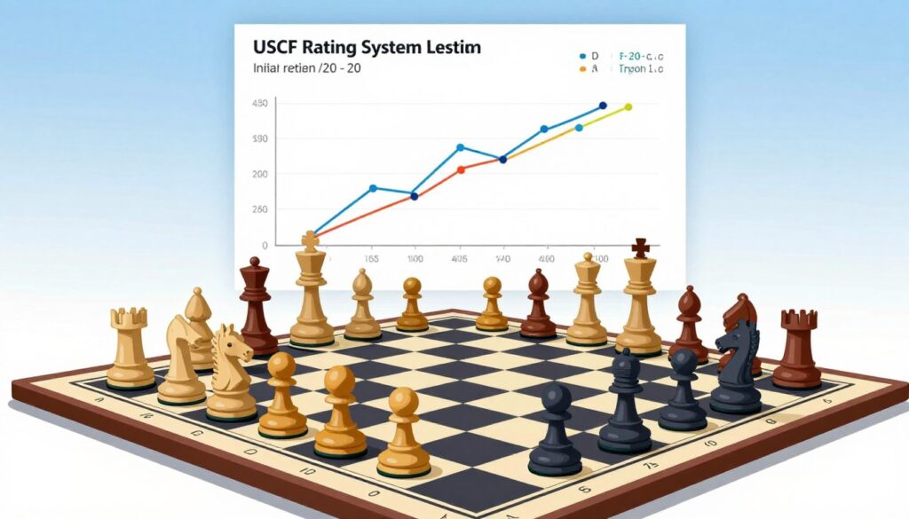A visually engaging representation of the USCF rating system, featuring a large, stylized illustration of a chessboard in the foreground, with vivid pieces that symbolize different player levels. In the middle ground, include a graph displaying the mathematical calculations behind initial ratings, incorporating colourful lines and data points to enhance visual interest. The background should be a soft gradient transitioning from light blue to white, evoking a sense of clarity and professionalism. Use soft natural lighting to illuminate the scene and a slight overhead angle to emphasize the chess pieces and graph details. The overall mood should be informative yet inviting, suitable for new players. Include the brand name "Chess Classes USA" subtly integrated into the border of the chessboard design. A visually engaging representation of the USCF rating system, featuring a large, stylized illustration of a chessboard in the foreground, with vivid pieces that symbolize different player levels. In the middle ground, include a graph displaying the mathematical calculations behind initial ratings, incorporating colourful lines and data points to enhance visual interest. The background should be a soft gradient transitioning from light blue to white, evoking a sense of clarity and professionalism. Use soft natural lighting to illuminate the scene and a slight overhead angle to emphasize the chess pieces and graph details. The overall mood should be informative yet inviting, suitable for new players. Include the brand name "Chess Classes USA" subtly integrated into the border of the chessboard design.