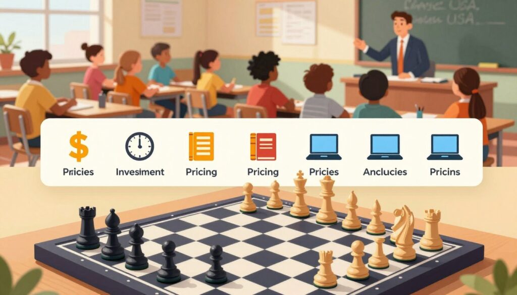 A visually engaging representation of the factors influencing chess instruction pricing, featuring a well-organized infographic style layout. In the foreground, depict a large, stylized chessboard with pieces in action, symbolizing strategy and competition. The middle layer includes icons and symbols like dollar signs, clocks, and educational tools (books, laptops) to represent pricing elements, time investment, and teaching resources. In the background, a colorful classroom environment where a diversified group of children, dressed in modest casual clothing, are being taught by a professional instructor in business attire, illustrating the learning atmosphere. Use warm lighting to create an inviting mood, and a slight overhead angle to capture the scene effectively. Include the brand name "Chess Classes USA" subtly integrated into the design, ensuring it remains professional and unobtrusive.