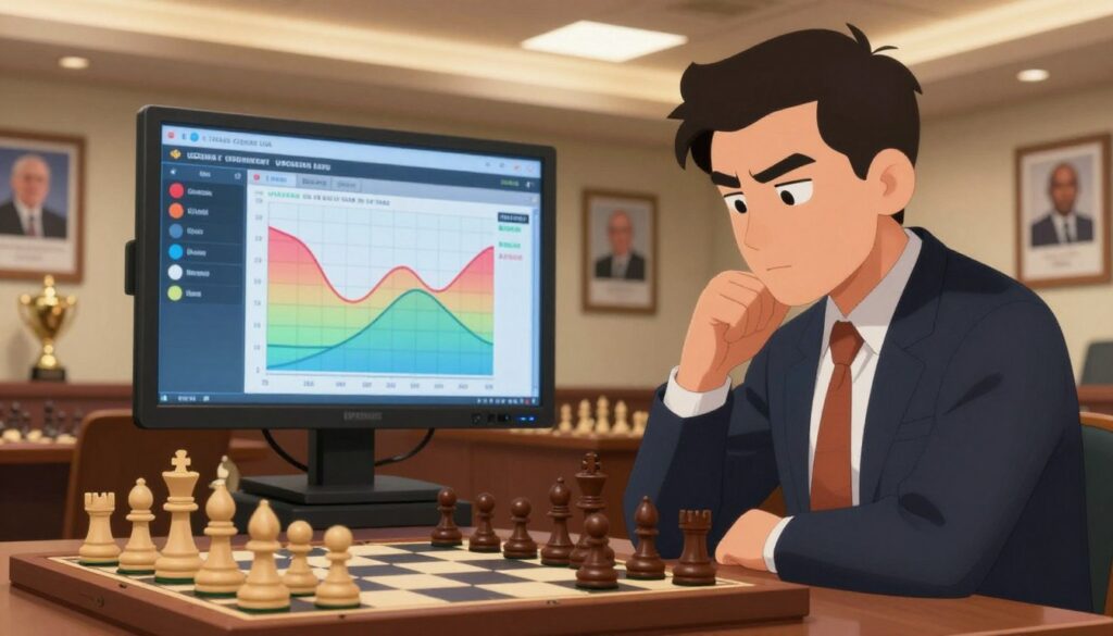 A visually engaging scene depicting a professional chess setting relevant to USCF rating updates. In the foreground, a chessboard with pieces arranged mid-game, symbolizing strategic moves and calculations. A thoughtfully focused chess player in professional attire, slightly blurred, analyzing the board, reflecting intensity and concentration. In the middle ground, a large digital screen displays a colorful graph illustrating fluctuating USCF ratings, emphasizing the theme of updates. The background features a well-lit chess hall with framed images of famous chess players and trophies, creating an atmosphere of achievement and professionalism. Soft overhead lighting casts a warm glow, enhancing the seriousness of the topic. Include the brand name "Chess Classes USA" subtly integrated into the environment.