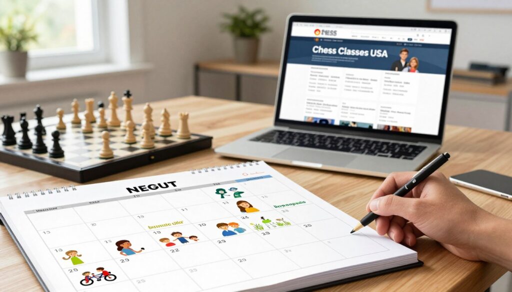 A visually engaging scene depicting chess scheduling for busy families. In the foreground, a sophisticated family calendar open to a week view, filled with colorful chess-related appointments and activities. A chessboard with strategic pieces set up, emphasizing the game’s complexity. In the middle ground, a laptop displaying the “Chess Classes USA” website, showcasing both private coaching options and group class schedules. The background features a cozy, well-lit home office with soft natural light streaming through a window, creating a welcoming atmosphere. The overall mood is focused and organized, reflecting the balancing act of managing time for chess lessons amidst family life. Capture this with a shallow depth of field to emphasize the calendar and laptop in a warm, inviting lens.