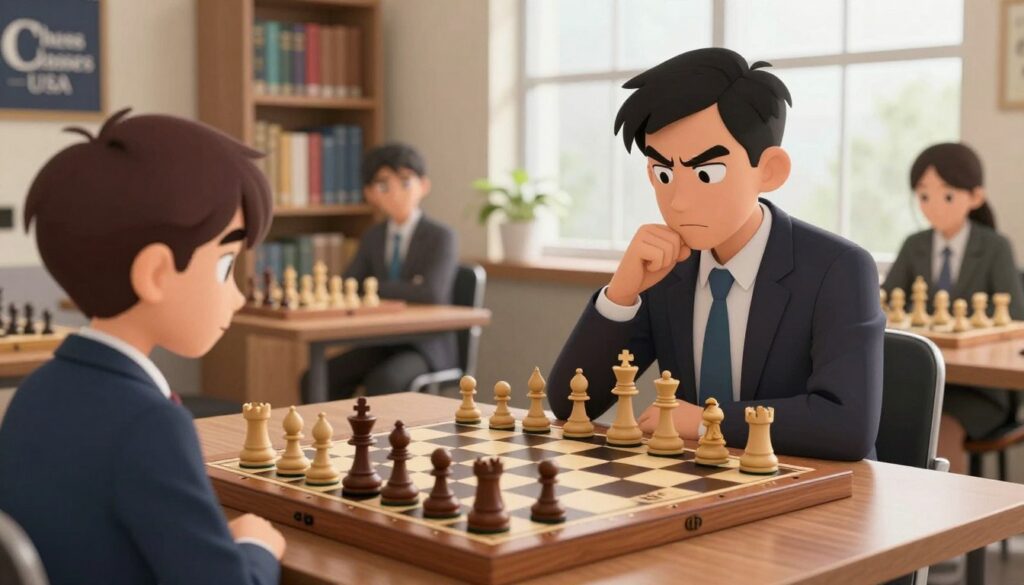 A visually engaging scene depicting chess tactics in a professional setting. In the foreground, a beautiful wooden chessboard is prominently featured, with pieces strategically positioned to illustrate common chess mistakes made by beginners. On one side, a tense game is unfolding, with a thoughtful player in business attire, analyzing the board, and another observing intently. In the middle background, a well-lit room filled with books on chess tactics, with a large window allowing natural light to flood in, creating a warm atmosphere. Subtle shadows enhance the depth. The vibe is focused yet educational, highlighting a moment of realization and learning. Incorporate the brand name "Chess Classes USA" artistically in the environment.