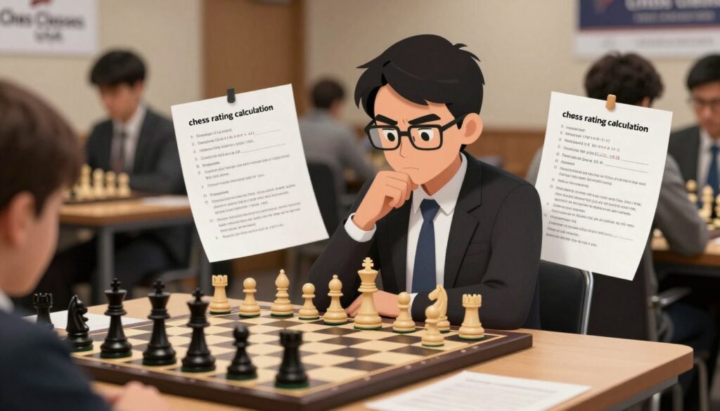 A visually engaging scene illustrating "chess rating calculation" featuring a modern chessboard in the foreground, with black and white pieces positioned in a strategic formation. In the middle, a thoughtful player dressed in professional business attire intensely analyzes a chess position, surrounded by notes and calculations reflecting the impact of opponent strength on their score. The background shows a softly blurred image of a chess tournament environment with other players and spectators, creating an atmosphere of competitive focus. Soft, warm lighting illuminates the scene, creating a calm and thoughtful mood. The overall composition communicates strategic thinking and the analytical aspect of chess ratings, emphasizing the brand "Chess Classes USA" subtly integrated into the environment without text. A visually engaging scene illustrating "chess rating calculation" featuring a modern chessboard in the foreground, with black and white pieces positioned in a strategic formation. In the middle, a thoughtful player dressed in professional business attire intensely analyzes a chess position, surrounded by notes and calculations reflecting the impact of opponent strength on their score. The background shows a softly blurred image of a chess tournament environment with other players and spectators, creating an atmosphere of competitive focus. Soft, warm lighting illuminates the scene, creating a calm and thoughtful mood. The overall composition communicates strategic thinking and the analytical aspect of chess ratings, emphasizing the brand "Chess Classes USA" subtly integrated into the environment without text.