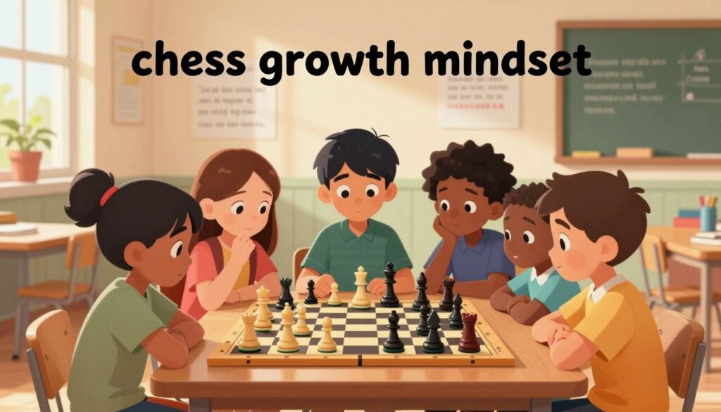 A visually engaging scene illustrating the concept of "chess growth mindset." In the foreground, a diverse group of children aged 8-12, dressed in casual yet professional attire, are gathered around a large chessboard, deeply focused on the game. Their expressions show determination and curiosity. In the middle ground, colorful chess pieces are artfully scattered, symbolizing various strategies and challenges. The background features a warm, inviting classroom with inspiring quotes about learning and growth on the walls. Soft, natural lighting streams through windows, creating a cozy atmosphere. The image conveys a sense of teamwork and discovery, highlighting the balance between interest and natural aptitude in chess. Include subtle branding for "Chess Classes USA" in the corner to enhance identification without distracting from the main scene.