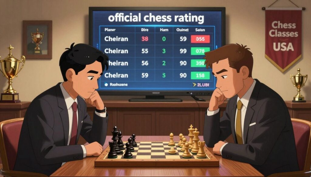 A visually striking and informative scene depicting the concept of an "official chess rating." In the foreground, a polished wooden chess board showcases a high-stakes match between two players in professional business attire, deeply focused on their strategies. The middle layer features a digital display board behind them, prominently showing various rating scores and chess-related statistics, adding a competitive atmosphere. In the background, a softly lit room filled with chess memorabilia, trophies, and a banner for "Chess Classes USA," enhancing the credibility of the setting. The lighting is warm and inviting, casting subtle shadows that create depth. Capture a mood of concentration and determination, emphasizing the importance of ratings in competitive play.