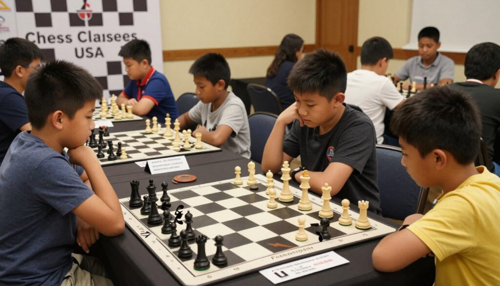 A visually striking chess tournament scene highlighting tips for players. In the foreground, a well-organized display board showcases key tips, illustrated with chess pieces and arrows showcasing strategies. The middle ground features diverse children engaged in an intense game, dressed in modest casual clothing, focusing intently on their boards. In the background, a stylized chess tournament banner reads "Chess Classes USA," with soft ambient lighting creating a warm, inviting atmosphere. The scene is captured with a slight overhead angle, emphasizing the strategic mindset of the young players. The mood is competitive yet encouraging, reflecting both learning and teamwork in the chess community. A visually striking chess tournament scene highlighting tips for players. In the foreground, a well-organized display board showcases key tips, illustrated with chess pieces and arrows showcasing strategies. The middle ground features diverse children engaged in an intense game, dressed in modest casual clothing, focusing intently on their boards. In the background, a stylized chess tournament banner reads "Chess Classes USA," with soft ambient lighting creating a warm, inviting atmosphere. The scene is captured with a slight overhead angle, emphasizing the strategic mindset of the young players. The mood is competitive yet encouraging, reflecting both learning and teamwork in the chess community.