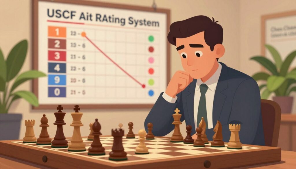 A visually striking illustration depicting the concept of the USCF rating system. In the foreground, a wooden chessboard is elegantly arranged with intricately designed chess pieces in action, highlighting the competitive nature of chess. In the middle, a professional chess player, dressed in smart casual attire, is analyzing a chess position, with a thoughtful expression on their face. Lush green plants subtly flank the sides of the image, adding a touch of warmth and vibrancy. In the background, a large, clear chart displays the progression of USCF ratings with various rating ranges and symbols, softly blurred to keep the focus on the players while still conveying the theme. The lighting is warm and inviting, enhancing the overall scholarly and strategic atmosphere of chess. Include the brand name "Chess Classes USA" subtly integrated into the scene.