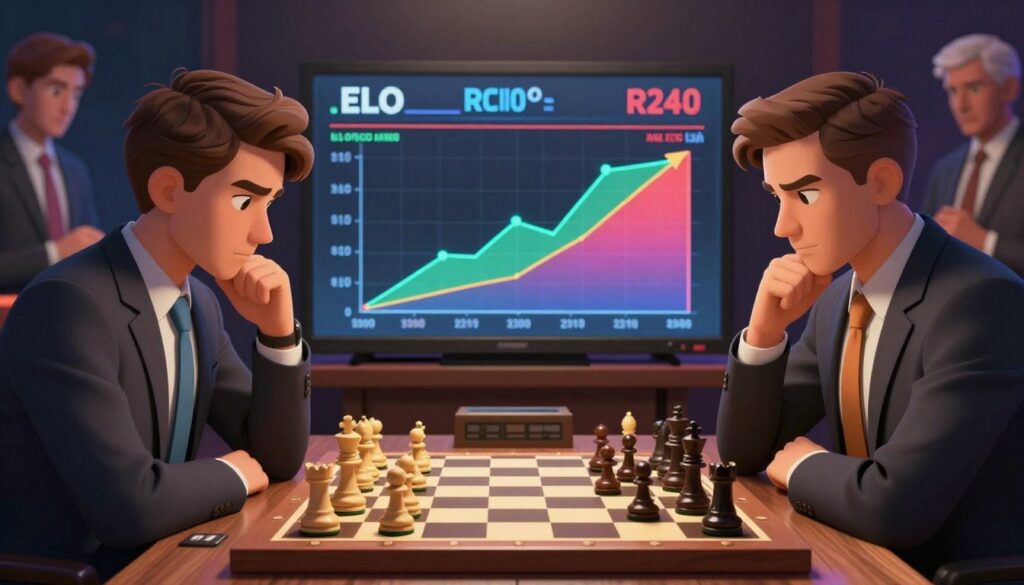 A visually striking illustration of Elo ratings in competitive chess, featuring a dramatic chessboard in the foreground, where an intense game is underway. Depict two players focused on the board, dressed in professional business attire, thoughtfully analyzing their positions. In the middle ground, a digital scoreboard displays fluctuating Elo ratings, symbolizing the impact of opponent rating disparity, with vibrant graphs illustrating the rise and fall of ratings. In the background, a chess-themed environment with blurred spectators observing the match, highlighting the competitive atmosphere. Soft, focused lighting enhances the players’ expressions, creating a sense of urgency and concentration. The overall mood is intense and competitive, emphasizing the dynamics of chess ratings. Include branding for "Chess Classes USA" subtly integrated into the digital scoreboard’s design.
