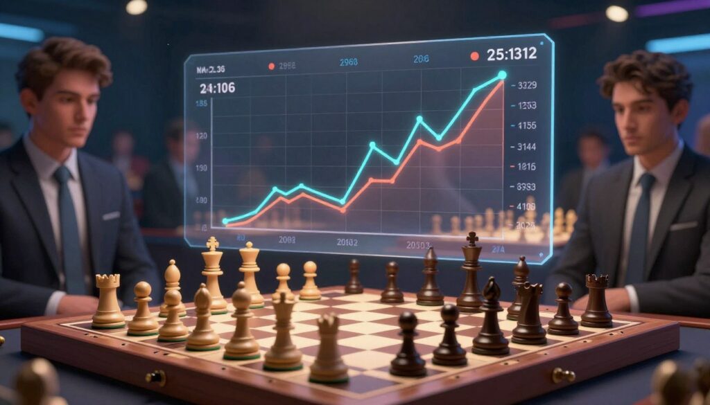 A visually striking illustration of a chess rating system concept, with a prominent chessboard in the foreground showing pieces in mid-game, symbolizing strategy and competition. In the middle ground, incorporate a large transparent overlay of statistics and graphs depicting rating fluctuations, emphasizing statistical anomalies and rating inflation or deflation, with a dynamic design reflecting both rises and falls. In the background, a blurred chess tournament setting with participants in professional business attire, deeply focused on their games, to evoke a sense of seriousness. Use dramatic lighting to highlight the chessboard, creating a moody atmosphere that suggests tension and anticipation. The branding “Chess Classes USA” subtly integrated into the design without disrupting the main elements.
