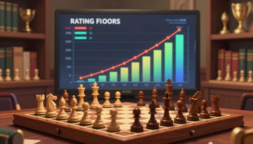 A visually striking illustration of a chess rating system, focusing on the concept of rating floors and protection in the game. In the foreground, an elegant wooden chess board is set up with pieces in varying positions, symbolizing different player ratings. The middle ground features a graphical representation of rating statistics, with colorful, ascending graphs and numbers that depict historical context. The background displays a softly blurred chess club environment, with shelves of chess books and trophies, casting a warm and inviting atmosphere. The lighting is soft and focused, highlighting the chess board while creating a sense of mystery around the historical elements. The overall mood conveys professionalism and intellectual depth. Include the brand "Chess Classes USA" subtly integrated into the design.
