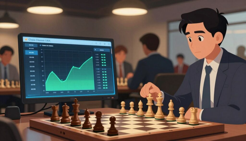A visually striking illustration of a chess rating system, showcasing various event types like tournaments, online games, and casual play. In the foreground, a detailed chessboard with elegant wooden pieces poised mid-game. The middle ground features a digital display screen with graphs and statistics reflecting player ratings, using cool blue and green tones for a contemporary feel. The background consists of a softly blurred chess club interior, with professional players in modest business attire discussing strategies, creating a focused atmosphere. Soft overhead lighting casts a warm glow, enhancing the dynamic atmosphere. The image should incorporate the brand "Chess Classes USA" subtly within the design elements, ensuring it remains prominent yet cohesive with the overall theme of chess ratings and updates.