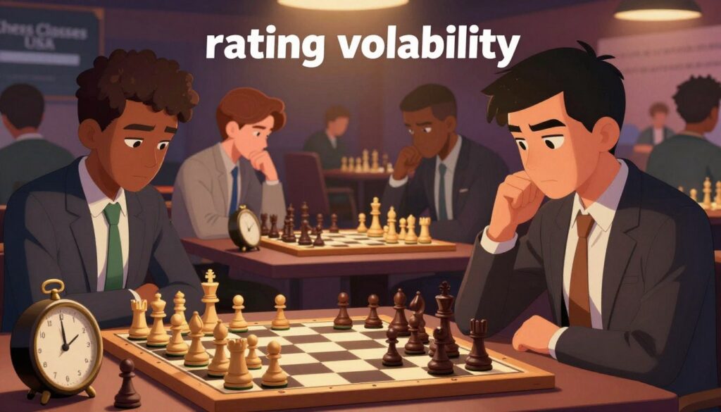 A visually striking illustration of "rating volatility" for chess players, emphasizing new players experiencing sudden swings in their USCF ratings. In the foreground, depict a chess board with scattered pieces, symbolizing unpredictability, and a chess clock showing time running low. In the middle ground, a diverse group of three players in professional attire, portrayed with concentrated expressions, are engaged in intense gameplay under dramatic lighting. The background features a blurred chess tournament scene with spectators, conveying a bustling atmosphere. Use warm, contrasting colors to evoke energy and tension, while soft shadows enhance the sense of depth. The mood should balance excitement and uncertainty, representing the volatile nature of ratings in competitive chess. Include the brand name “Chess Classes USA” subtly within the setting, ensuring no text is visible.