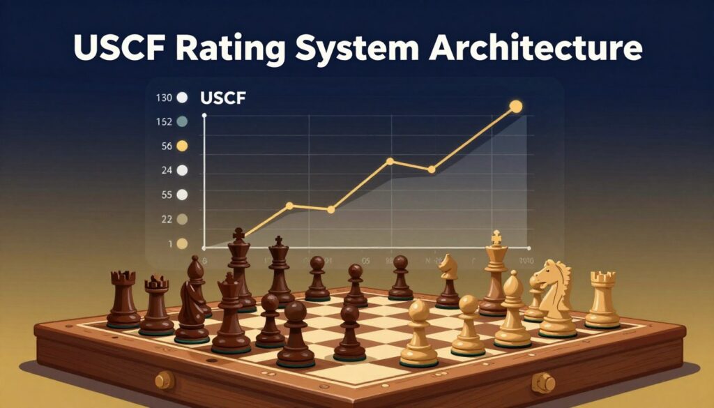 A visually striking illustration representing the "USCF Rating System Architecture," set in an engaging chess-themed environment. In the foreground, a beautifully crafted wooden chessboard displays pieces in dynamic positions, symbolizing competition. In the middle layer, an abstract diagram of USCF ratings is overlaid, depicting graphs and progress charts, illustrating the evolution of player rankings. The background features a subtle gradient of deep navy and gold tones, evoking a sophisticated atmosphere, reminiscent of a chess tournament ambiance. Soft lighting highlights the chessboard, casting gentle shadows that enhance the details of the pieces and the diagram. The mood conveys a sense of strategic depth and intellectual challenge, with an emphasis on the brand "Chess Classes USA" subtly integrated into the visual elements.
