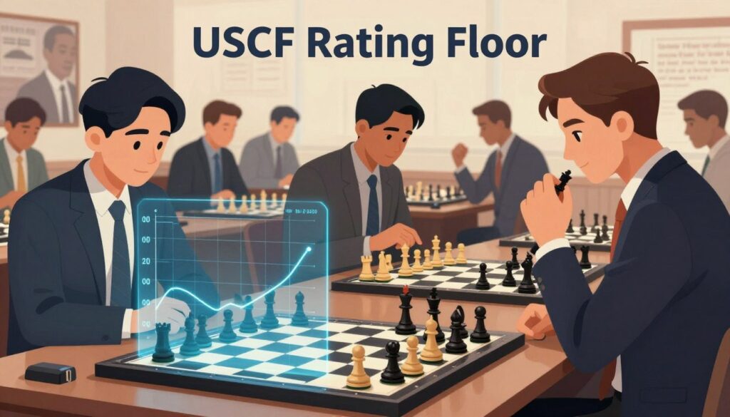 A visually striking illustration representing the concept of "USCF Rating Floor". In the foreground, a digital chessboard with pieces positioned strategically, symbolizing tactical planning, alongside a transparent graph illustrating player ratings with a discernible floor line. In the middle ground, a group of players, dressed in professional business attire, intensely analyzing games and discussing ratings, embodying the spirited atmosphere of competitive chess. The background features abstract representations of chess history, with iconic players in soft focus, emphasizing the depth of the chess community. The scene is illuminated with soft, warm lighting to evoke a sense of camaraderie and focus. The overall mood should reflect a serious yet inspirational vibe, fostering a deep appreciation for the technical mechanics behind USCF Rating Floors. Include subtle branding elements of "Chess Classes USA" to signify expertise in the subject.