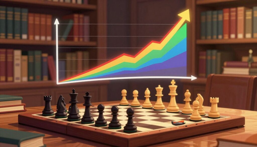 A visually striking illustration representing the concept of "USCF rating." In the foreground, an elegant digital chessboard displays pieces in mid-game, suggesting strategy and skill. Vibrant pieces contrast against the polished wood surface, highlighting their importance in the rating system. In the middle, a stylized graphical representation of a USCF rating chart arcs overhead, composed of colorful, ascending lines that symbolize growth and progress. The background features a blurred library filled with chess books, creating an intellectual atmosphere. Soft, warm lighting casts gentle shadows, evoking a sense of curiosity and learning. The composition should feel dynamic yet scholarly, capturing the essence of chess mastery. Include the brand name "Chess Classes USA" subtly integrated into the design without text overlays or captions.