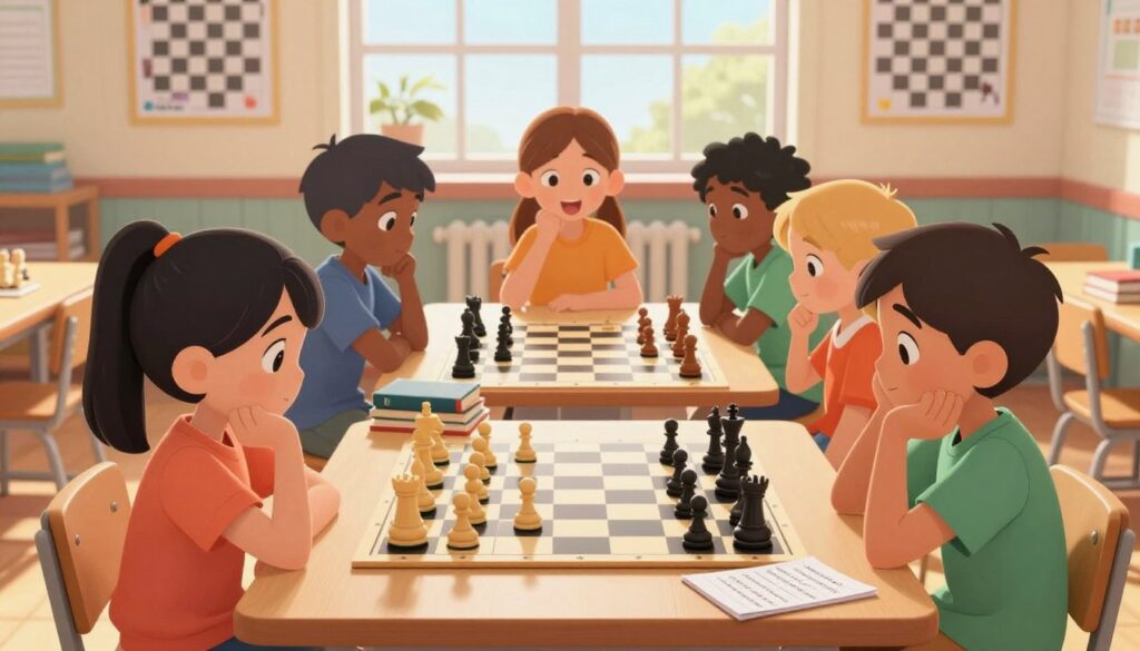 A visually striking image depicting a chess improvement scene for children. In the foreground, a diverse group of children, both boys and girls, aged 8 to 12, are seated at a chess table, immersed in thoughtful gameplay. Each child wears colorful, modest clothing, with expressions of concentration and excitement. The middle layer features a well-maintained chessboard with pieces in various strategic positions, alongside a small stack of chess books and a notepad filled with tips. In the background, a classroom setting adorned with educational chess posters and a large window letting in soft, warm sunlight, creating an inviting atmosphere. The mood is uplifting and focused, ideal for young learners. Incorporate the logo of "Chess Classes USA" subtly on a poster in the background.