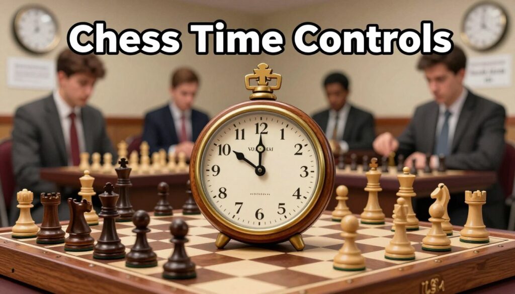 A visually striking image illustrating "Chess Time Controls," featuring a beautifully crafted chess clock prominently displayed in the foreground, its polished wood and brass detailing catching the light. Surrounding the clock are various chess pieces arranged on a classic wooden chessboard, with some pieces in mid-move. In the middle ground, a blurred chess tournament setting shows players focused on their games, dressed in professional business attire. The background is softly lit, conveying a warm, intellectual atmosphere, with hints of chess-related materials like diagrams and clocks on the walls. The scene embodies strategic tension and excitement. Include the logo of "Chess Classes USA" subtly integrated into the image without any text.