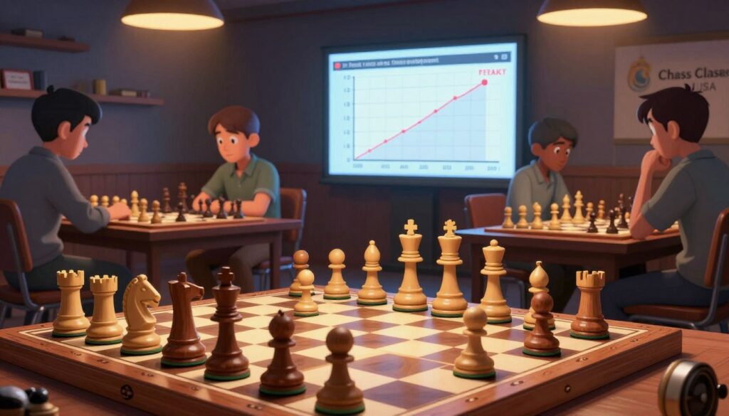 A visually striking image illustrating the concept of "Peak rating and chess skill development." In the foreground, a chessboard with beautifully crafted wooden pieces in mid-game, highlighting a moment of tension. The middle ground features a scoreboard displaying fluctuating rating graphs and peak ratings, symbolizing skill progression. In the background, a dimly lit chess club filled with focused players, each engaged in different stages of concentration and strategy, some with chess clocks ticking nervously. The lighting casts a warm glow over the scene, enhancing the atmosphere of anticipation and intellectual challenge. A subtle brand logo, "Chess Classes USA," appears on a wall in the background. The overall mood should evoke a sense of determination and growth in the world of chess skill development.