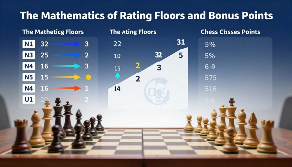 A visually striking infographic illustrating the concept of chess rating floors and USCF bonus points, specifically designed for the section titled "The Mathematics of Rating Floors and Bonus Points." In the foreground, depict an abstract representation of a chessboard with pieces in dynamic positions, symbolizing competition. In the middle, visually separate sections highlighting various rating floors with ascending numerical values and colorful arrows indicating bonus points. The background should feature a subtle gradient of deep blue and white, suggesting a sense of professionalism and strategy. Use soft, diffused lighting to create a polished look, as if illuminated by ambient office light. Include the logo "Chess Classes USA" tastefully integrated into the design, ensuring it complements the overall aesthetic without overpowering the main subject. The mood should convey analytical sophistication and competitive spirit in the world of chess.