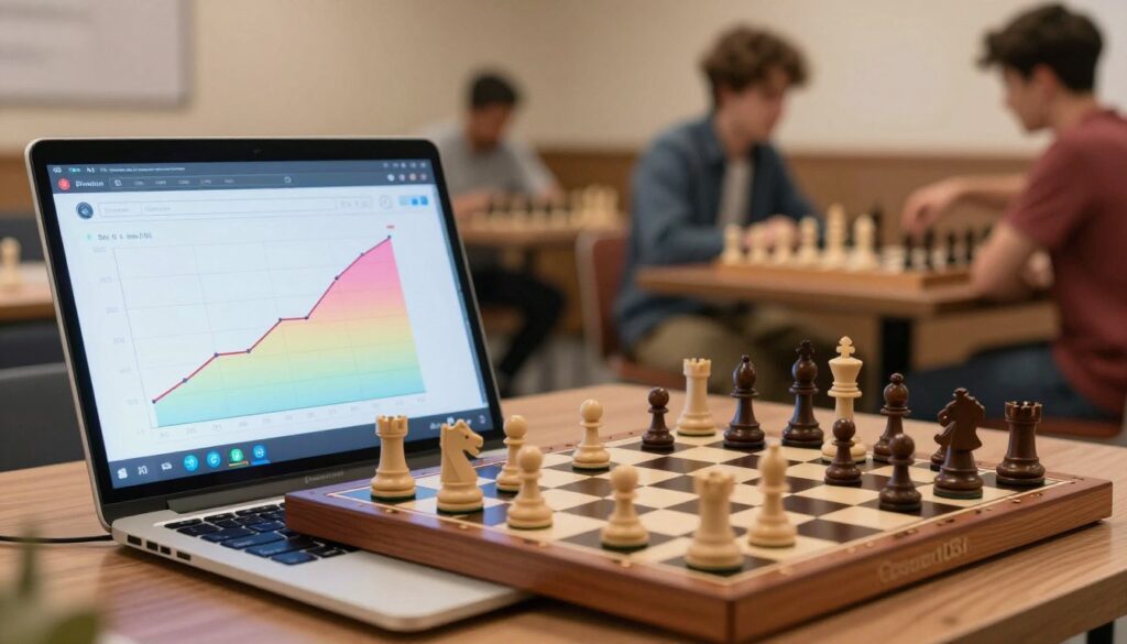 A visually striking representation of a chess rating system, focusing on a digital board displaying various chess pieces in play. In the foreground, a close-up of a sleek, modern laptop screen shows an interactive rating graph depicting a player's performance trend, with increasing ratings highlighted in vibrant colors. In the middle, a chessboard with elegantly carved pieces captures the essence of strategy, while the background features a blurred chess club atmosphere with players engaged in matches. Soft, warm lighting illuminates the scene, creating a focused yet relaxed environment. The mood is analytical and proactive, embodying the spirit of improvement in chess. Include subtle branding elements of "Chess Classes USA" within the design.