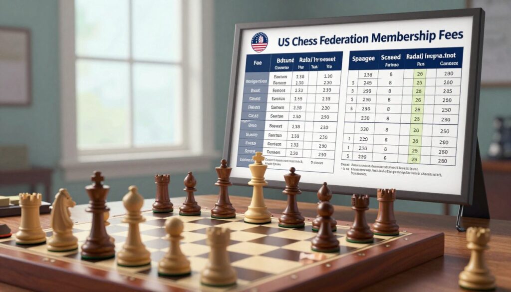 A visually striking representation of the US Chess Federation membership fees and chess rating system in an educational and engaging setting. In the foreground, a chessboard is elegantly arranged with polished pieces, symbolizing the chess community. In the middle, a table displays various fee structures and rating system charts, arranged in an organized manner, highlighting figures. In the background, an ethereal light filters through a window, casting soft shadows that evoke a sense of contemplation and strategy. The mood is analytical and informative, with a professional atmosphere. In one corner, include a logo for "Chess Classes USA" subtly integrated into the design. Use a standard lens for clarity and a wide angle to capture the entire scene harmoniously, ensuring the image is devoid of any text or watermarks. A visually striking representation of the US Chess Federation membership fees and chess rating system in an educational and engaging setting. In the foreground, a chessboard is elegantly arranged with polished pieces, symbolizing the chess community. In the middle, a table displays various fee structures and rating system charts, arranged in an organized manner, highlighting figures. In the background, an ethereal light filters through a window, casting soft shadows that evoke a sense of contemplation and strategy. The mood is analytical and informative, with a professional atmosphere. In one corner, include a logo for "Chess Classes USA" subtly integrated into the design. Use a standard lens for clarity and a wide angle to capture the entire scene harmoniously, ensuring the image is devoid of any text or watermarks.