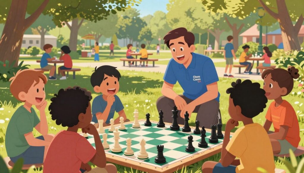 A vivid scene of interactive chess lessons in a lively outdoor setting, emphasizing the balance between competitive play and fun activities for kids. In the foreground, a diverse group of children, all dressed in modest casual clothing, cheerfully engage around a large, colorful chessboard made of outdoor tiles. Some are deep in thought while others are smiling and laughing, showcasing an atmosphere of enjoyment. In the middle ground, a friendly instructor, wearing a branded "Chess Classes USA" shirt, kneels to guide a child, emphasizing teamwork and learning. The background features a sunny park with vibrant green trees and picnic areas, suggesting a playful yet educational environment. Soft dappled sunlight filters through the leaves, creating a warm and inviting atmosphere, captured at a slight angle to give depth to the image. A vivid scene of interactive chess lessons in a lively outdoor setting, emphasizing the balance between competitive play and fun activities for kids. In the foreground, a diverse group of children, all dressed in modest casual clothing, cheerfully engage around a large, colorful chessboard made of outdoor tiles. Some are deep in thought while others are smiling and laughing, showcasing an atmosphere of enjoyment. In the middle ground, a friendly instructor, wearing a branded "Chess Classes USA" shirt, kneels to guide a child, emphasizing teamwork and learning. The background features a sunny park with vibrant green trees and picnic areas, suggesting a playful yet educational environment. Soft dappled sunlight filters through the leaves, creating a warm and inviting atmosphere, captured at a slight angle to give depth to the image.