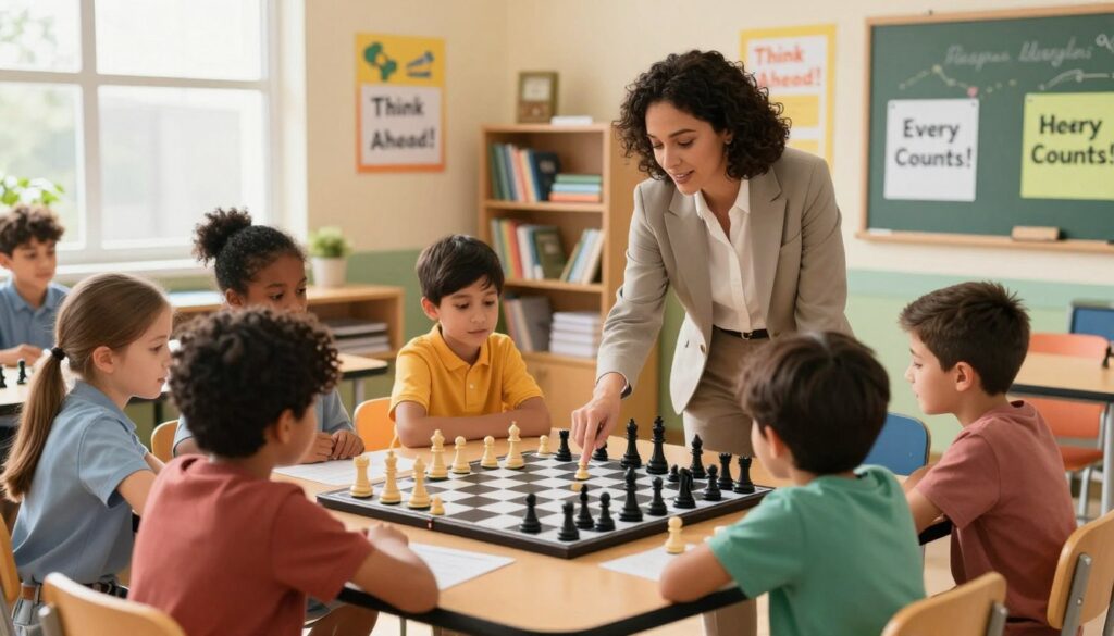 A warm and inviting chess coaching session is taking place in a bright, sunny classroom. In the foreground, a young, diverse group of children, aged 8 to 12, are gathered around a large chess board, intently focused on their game. A knowledgeable coach, dressed in smart casual attire, stands beside them, pointing at a strategic move on the board. The middle ground features a vibrant educational environment with motivational posters on the walls, showcasing phrases like “Think Ahead!” and “Every Move Counts!” In the background, a bookshelf filled with chess-related books and materials adds depth to the scene. The lighting is soft and natural, streaming through the windows, creating an inspiring and engaging atmosphere, highlighting the joy of learning. Include the branding "Chess Classes USA" subtly in the room decor.