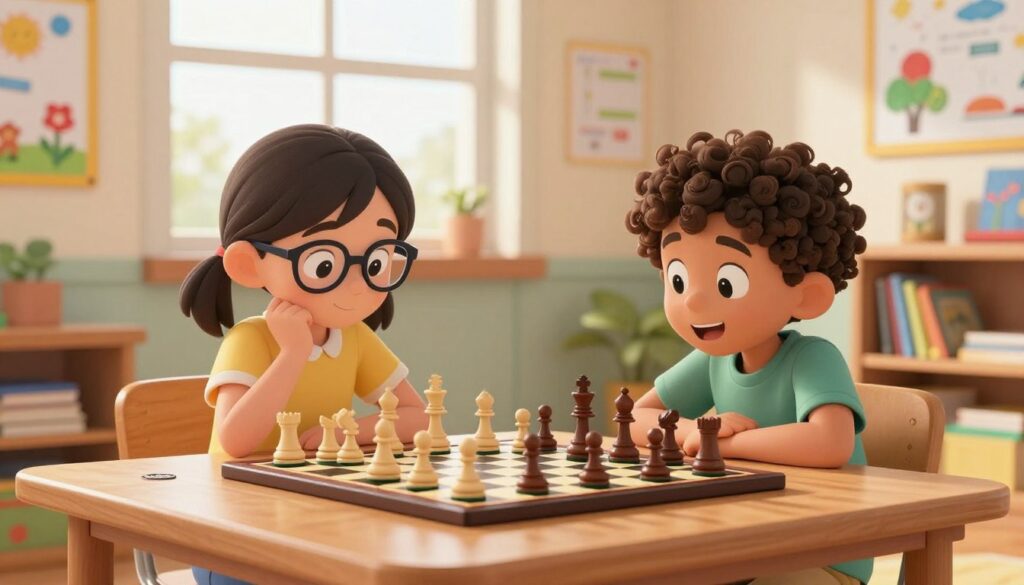 A warm and inviting classroom setting, with two children seated at a wooden table, deeply focused on a chessboard in front of them. One child, a thoughtful girl with glasses, is contemplating her next move, while a boy next to her, with curly hair, looks excitedly at the board. Soft, natural light streams through a nearby window, illuminating their expressions and the intricate details of the chess pieces. Around them, colorful educational posters about cognitive development are partially visible on the walls. In the background, a bookshelf filled with children’s books adds an element of warmth and curiosity to the scene. The atmosphere is stimulating and joyful, clearly emphasizing the theme of cognitive readiness for chess. Include the brand logo "Chess Classes USA" discreetly in the corner of the image.