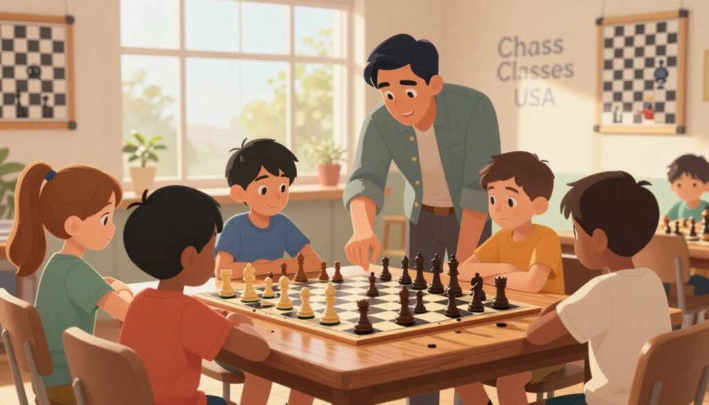 A warm and inviting scene depicting a chess club tailored for children’s development, focusing on skill assessment and goal setting. In the foreground, a diverse group of children aged 7-12 engages around a large, beautifully crafted wooden chess table, their expressions focused and enthusiastic. Each child is dressed in modest casual clothing, showcasing different skill levels. In the middle ground, an attentive adult chess coach, wearing smart casual attire, offers guidance to a child analyzing a chessboard. Behind them, large windows let in soft, natural light, casting a gentle glow on the vibrant posters of chess strategies adorning the walls. The mood is collaborative and supportive, emphasizing growth and learning in a friendly environment. The image should subtly include the brand name "Chess Classes USA" in a visually pleasing way, ensuring it blends seamlessly into the surroundings. A warm and inviting scene depicting a chess club tailored for children’s development, focusing on skill assessment and goal setting. In the foreground, a diverse group of children aged 7-12 engages around a large, beautifully crafted wooden chess table, their expressions focused and enthusiastic. Each child is dressed in modest casual clothing, showcasing different skill levels. In the middle ground, an attentive adult chess coach, wearing smart casual attire, offers guidance to a child analyzing a chessboard. Behind them, large windows let in soft, natural light, casting a gentle glow on the vibrant posters of chess strategies adorning the walls. The mood is collaborative and supportive, emphasizing growth and learning in a friendly environment. The image should subtly include the brand name "Chess Classes USA" in a visually pleasing way, ensuring it blends seamlessly into the surroundings.