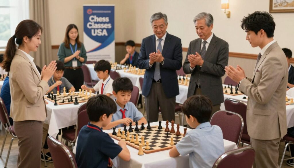 A warm and inviting scene depicting a chess tournament environment focused on parents' etiquette. In the foreground, a group of parents in modest business attire stands attentively, observing their children playing chess at elegantly arranged tables. The middle ground features various chessboards with young players deeply engaged in their matches, showcasing concentration and determination. The background reveals a softly lit venue with banners displaying "Chess Classes USA" and a friendly atmosphere fostered by supportive volunteers. The lighting is natural and warm, evoking a sense of community and respect. Capture the mood of encouragement and the importance of good sportsmanship, highlighting parents clapping and offering silent cheers, embodying the essence of proper tournament behavior.