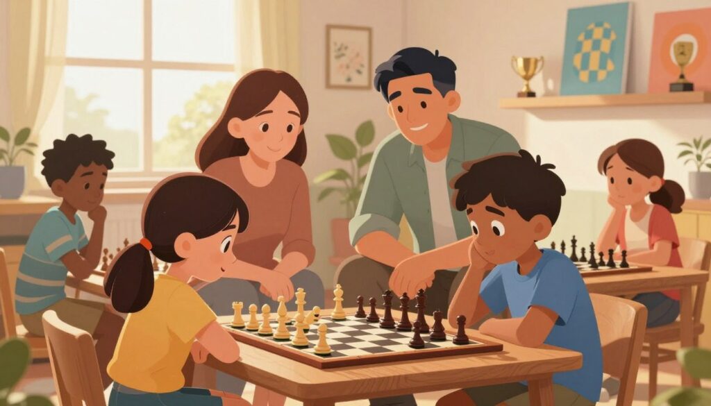 A warm and inviting scene depicting a diverse group of young chess players engaged in a friendly game at home. In the foreground, a young girl and boy concentrate on a chessboard, their expressions showing determination and excitement, both dressed in modest casual clothing. The middle ground shows supportive parents observing attentively, offering encouragement and smiles. Soft afternoon light filters through a nearby window, creating a cozy atmosphere. The background features a well-organized room with chess trophies and colorful art on the walls, reflecting a nurturing environment. The overall mood is uplifting and positive, echoing the theme of support and encouragement for young minds. Include a subtle branding element, "Chess Classes USA," in the decor to signify the source of support. A warm and inviting scene depicting a diverse group of young chess players engaged in a friendly game at home. In the foreground, a young girl and boy concentrate on a chessboard, their expressions showing determination and excitement, both dressed in modest casual clothing. The middle ground shows supportive parents observing attentively, offering encouragement and smiles. Soft afternoon light filters through a nearby window, creating a cozy atmosphere. The background features a well-organized room with chess trophies and colorful art on the walls, reflecting a nurturing environment. The overall mood is uplifting and positive, echoing the theme of support and encouragement for young minds. Include a subtle branding element, "Chess Classes USA," in the decor to signify the source of support.