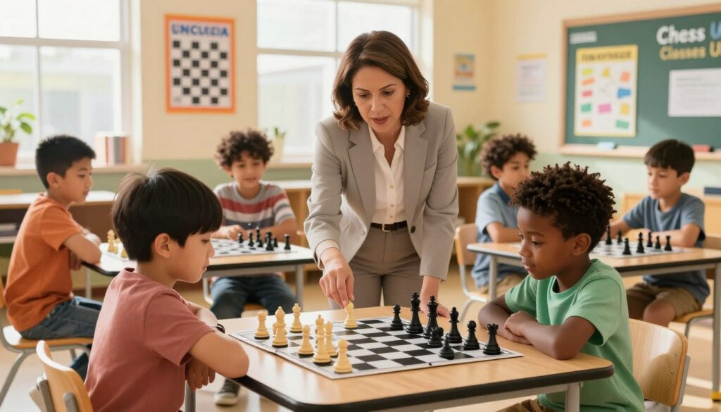 A warm and inviting scene showcasing a diverse group of children gathered around a chessboard in a well-lit, cozy classroom environment. In the foreground, two young students, one Asian and one Black, focus intently on their game, both dressed in casual, modest attire. The middle ground features an engaging instructor, a middle-aged Hispanic woman in professional attire, guiding another pair of children as they look over various chess strategies. The background includes colorful educational posters related to chess tactics and a large window letting in soft, natural sunlight, creating an energetic yet comfortable atmosphere. The branding "Chess Classes USA" subtly displayed on a bulletin board in the corner emphasizes the focus on affordable and quality chess lessons. The overall mood is encouraging and educational, highlighting a supportive learning environment.