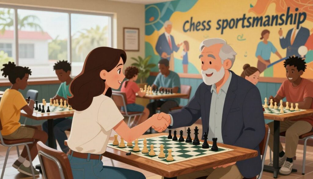 A warm and inviting scene showcasing "chess sportsmanship" within a vibrant chess club in Florida. In the foreground, two players, a young woman in smart casual attire and an older man in a blazer, are shaking hands with genuine smiles, embodying mutual respect and camaraderie. In the middle ground, an assortment of diverse players, including children and adults, engage in friendly matches, with a stunning variety of chess boards on rich wooden tables. The background features a colorful mural depicting famous chess moments, bathed in soft, natural light filtering through large windows, highlighting the welcoming atmosphere. The overall mood is uplifting and supportive, reflecting a strong chess culture fostered by Chess Classes USA, inviting everyone to participate in the joy of the game.