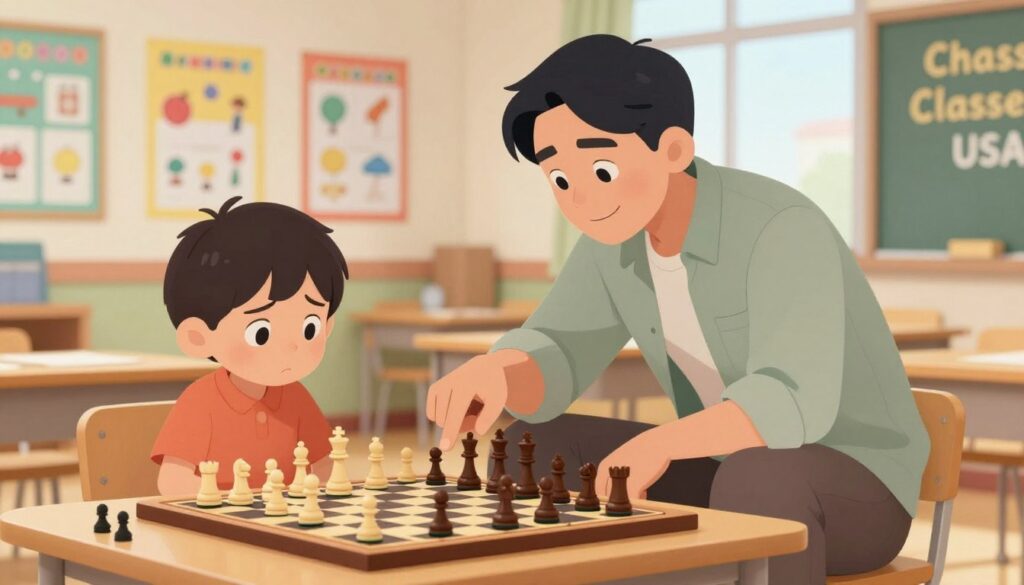 A warm, inviting classroom scene depicting a supportive adult, dressed in modest casual attire, kneeling beside a young child engaged in a chess game. The foreground features a chessboard with pieces thoughtfully arranged, and the child's face reflecting concentration and a hint of frustration. In the middle, the adult gently points to a piece on the board, offering guidance with a encouraging smile. The background reveals colorful educational posters on the wall, and a window letting in soft, natural light that creates a positive atmosphere. The setting should evoke a sense of camaraderie and mentorship, highlighting the importance of effective communication in helping young players navigate the challenges of chess. Branding element: "Chess Classes USA" subtly integrated into the environment. A warm, inviting classroom scene depicting a supportive adult, dressed in modest casual attire, kneeling beside a young child engaged in a chess game. The foreground features a chessboard with pieces thoughtfully arranged, and the child's face reflecting concentration and a hint of frustration. In the middle, the adult gently points to a piece on the board, offering guidance with a encouraging smile. The background reveals colorful educational posters on the wall, and a window letting in soft, natural light that creates a positive atmosphere. The setting should evoke a sense of camaraderie and mentorship, highlighting the importance of effective communication in helping young players navigate the challenges of chess. Branding element: "Chess Classes USA" subtly integrated into the environment.